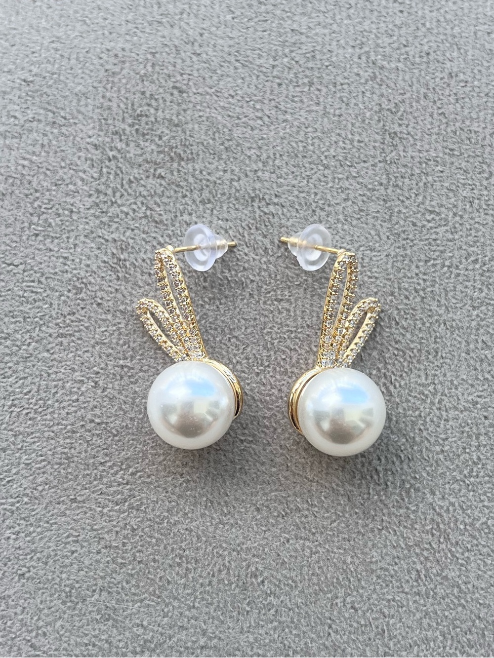 Gold Tone Pearl Bunny Ear Stud Earrings - Picture 2 of 3